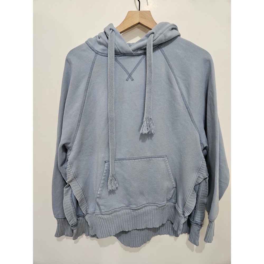American Eagle Blue Ruffle Side Ribbed Pullover Hoodie Sweatshirt Boho Small‎
